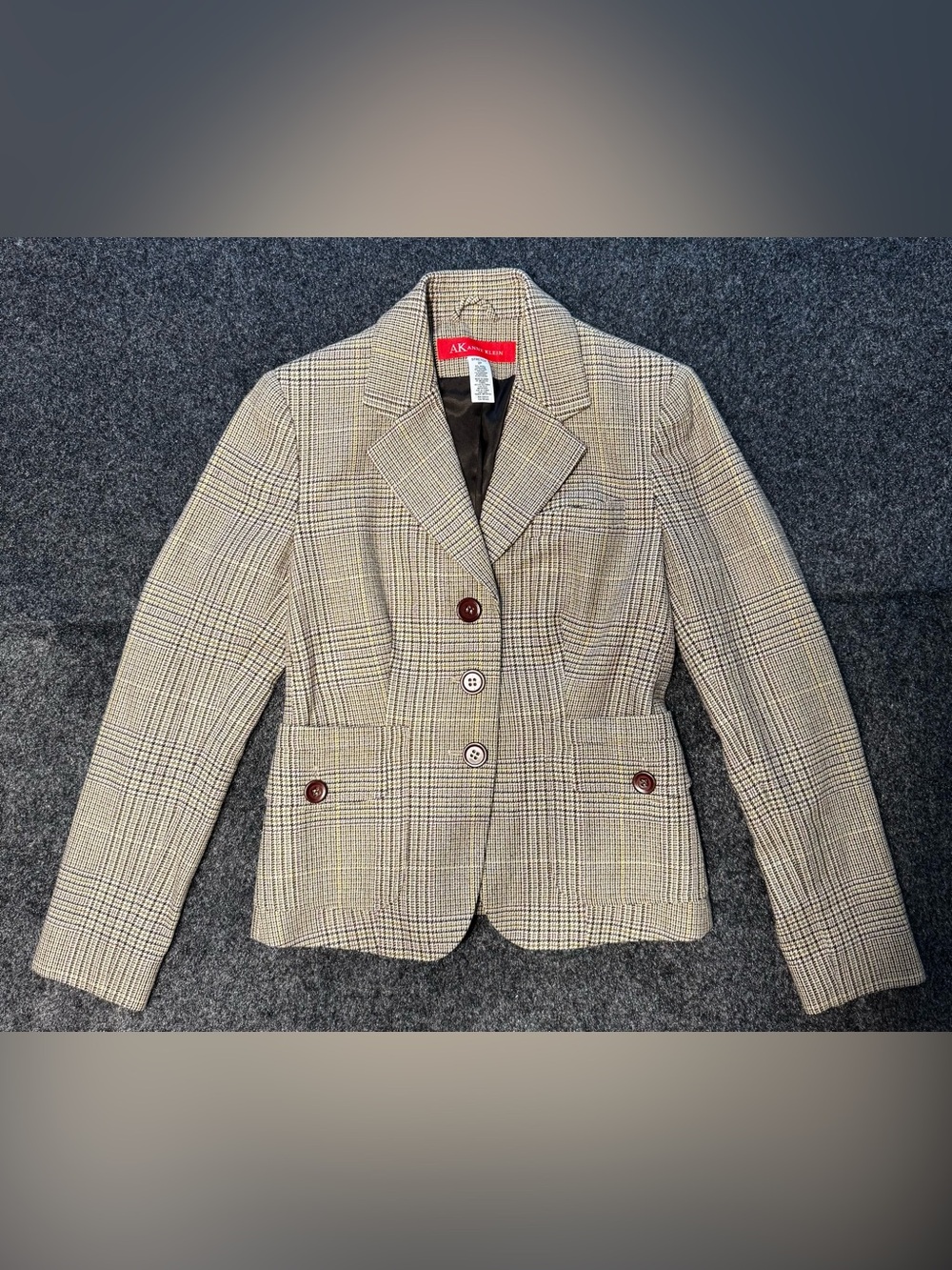 AK Anne Klein Wool Blend Plaid Blazer Jacket Womens 2P Brown Academia